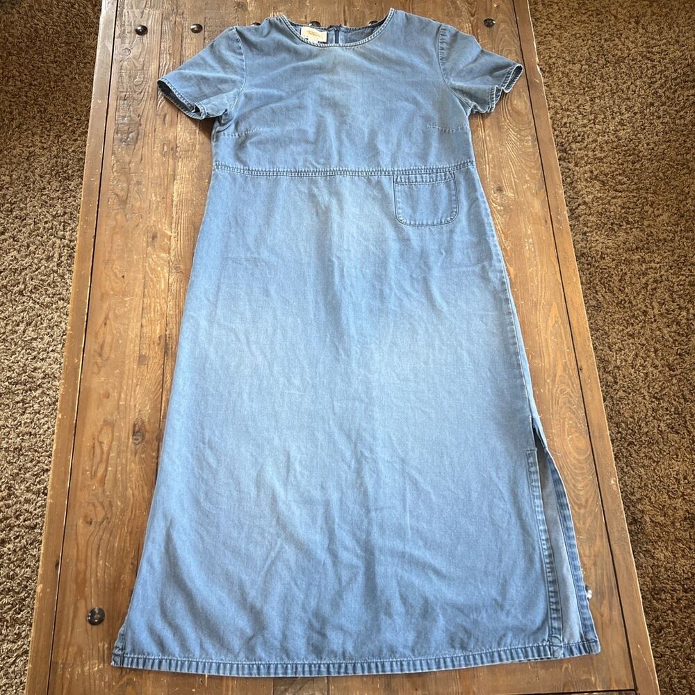VTG Talbots Petite Denim Dress Midi Short Sleeve Pocket Blue Sz 6 P Boho Prairie
